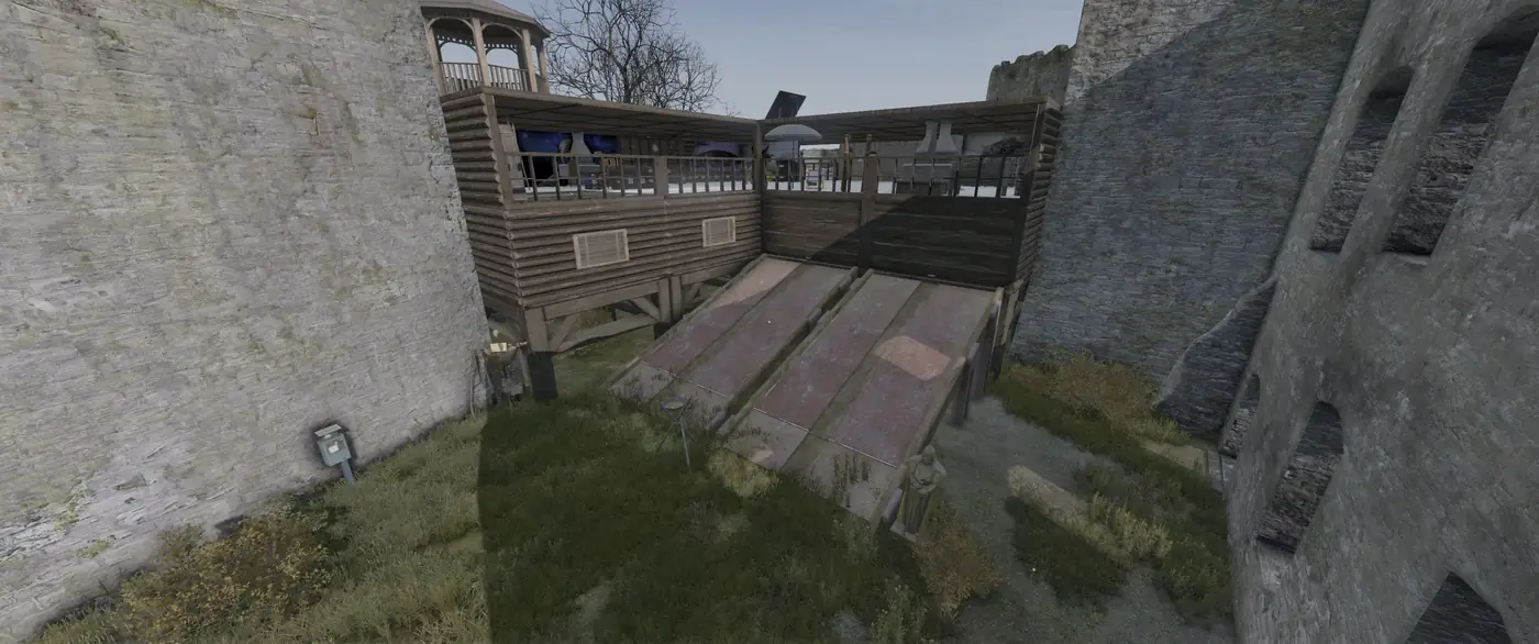A wooden BBP base with ramps and a lookout built between castle walls on Is Dead