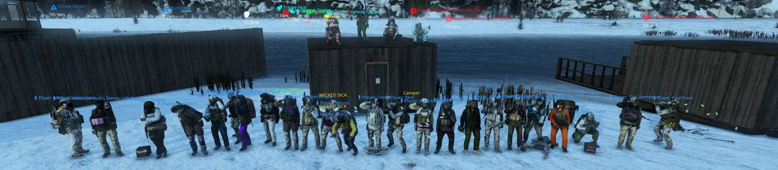 Dozens of Is Dead players lined up in the snow during an in-game DayZ community event
