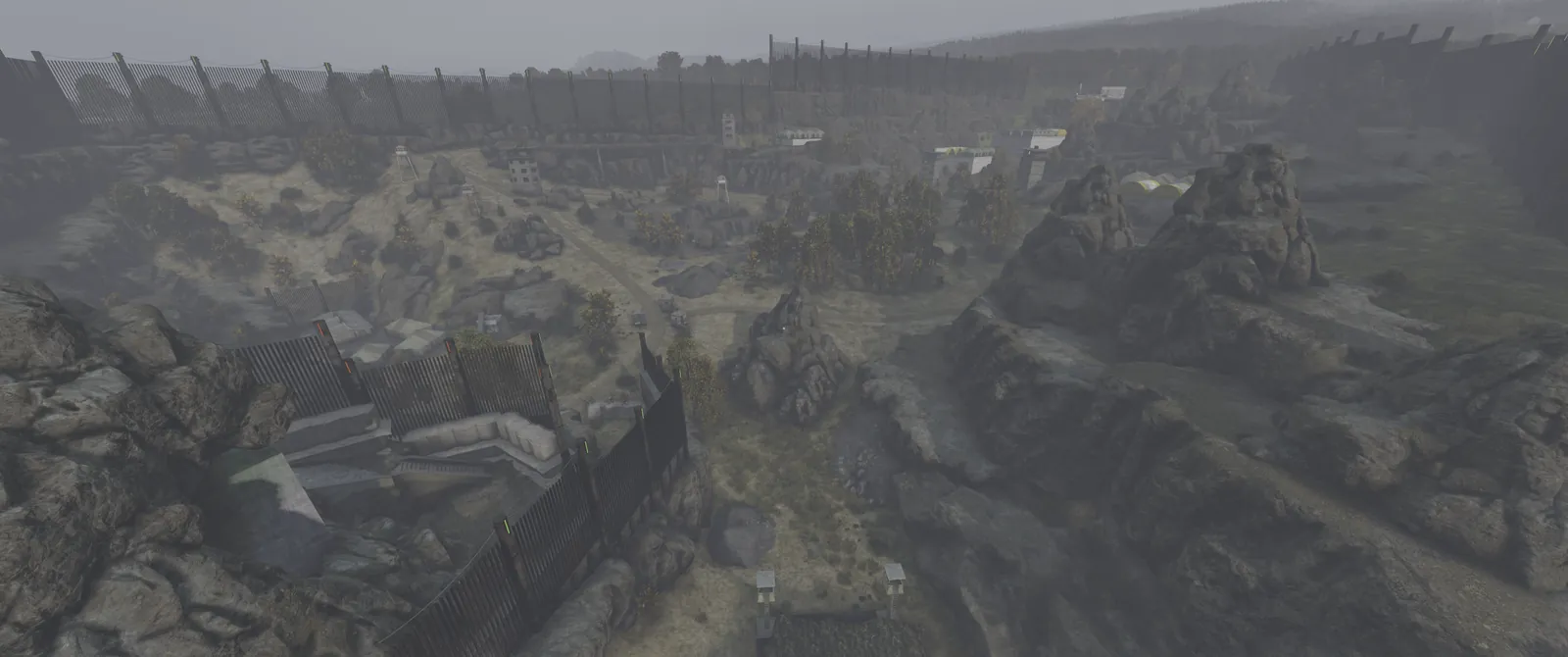A huge fenced-off quarry of bunkers, towers and tents among the canyon rocks: the T7 zone Reapers Quarry