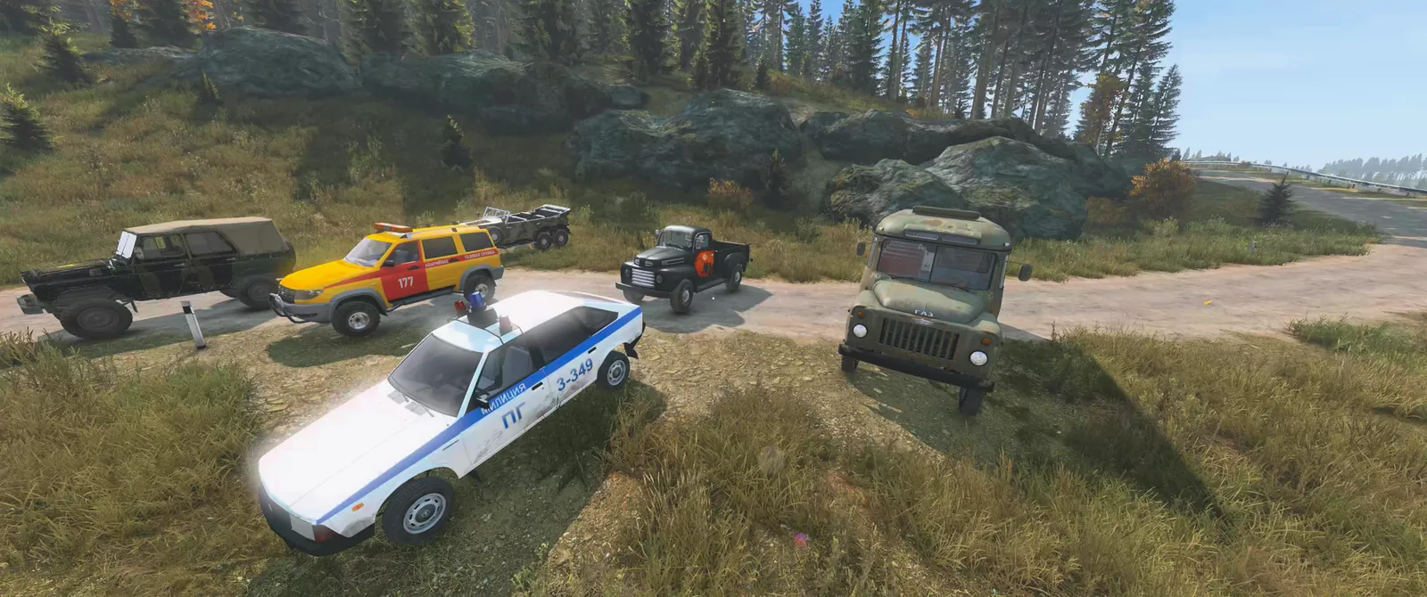 A lineup of RUSForma cars and trucks, including a police car and a military truck, on a dirt road on Chernarus