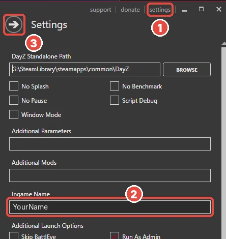 DZSA Launcher settings panel with the settings link, the Ingame Name field and the close arrow marked 1 to 3