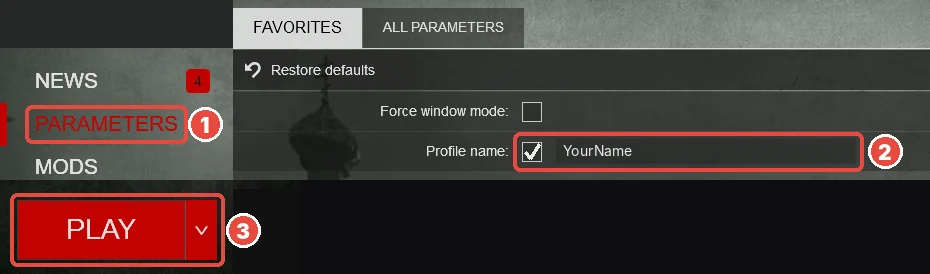 The official DayZ launcher with Parameters, the Profile name checkbox and field, and the Play button marked 1 to 3