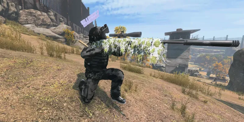 A survivor with a ghillie-wrapped sniper rifle inside a walled endgame zone, with a T8 military AI nearby