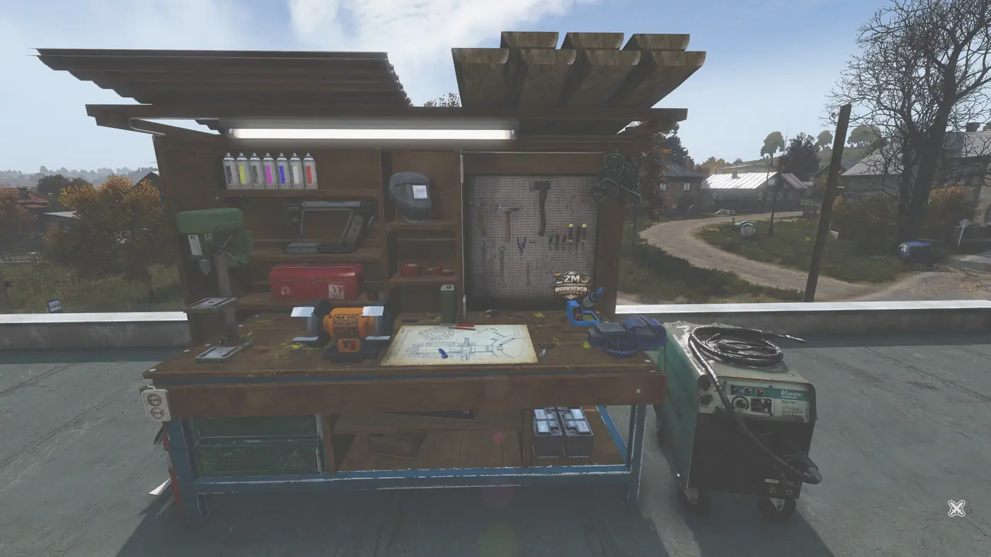 A ZM Workbench with drill press, grinder, vice, soldering station, and welder on a rooftop on Is Dead